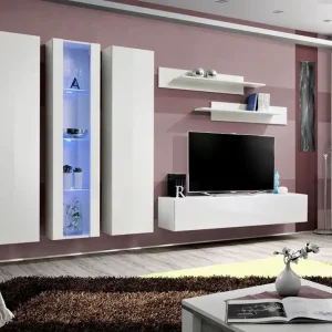 Billig Wohnwand hängend Hompland 34, Farbe: Weiß - Abmessungen: 170 x 260 x 40 cm (H x B x T), mit Push-to-open Funktion