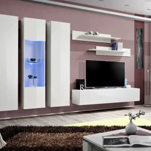 Wohnwand mit Push-to-open Funktion Hompland 38, Farbe: Weiß - Abmessungen: 170 x 260 x 40 cm (H x B x T), mit blauer LED-Beleuchtung Kostenloser Rückversand