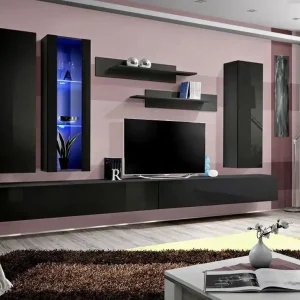 Zertifiziert Moderne Wohnwand Hompland 56, Farbe: Schwarz - Abmessungen: 170 x 320 x 40 cm (H x B x T), mit Push-to-open Funktion