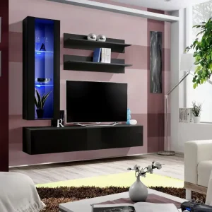 Außergewöhnliche Wohnwand Hompland 80, Farbe: Weiß / Schwarz - Abmessungen: 170 x 160 x 40 cm (H x B x T), mit Push-to-open Funktion Abverkauf