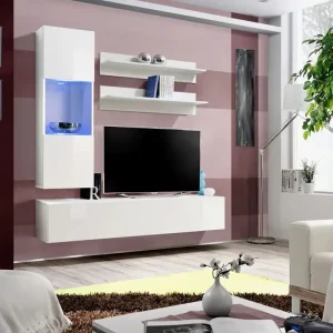 Wohnzimmer Wohnwand Hompland 82, Farbe: Weiß - Abmessungen: 170 x 160 x 40 cm (H x B x T), mit Push-to-open Funktion Echt