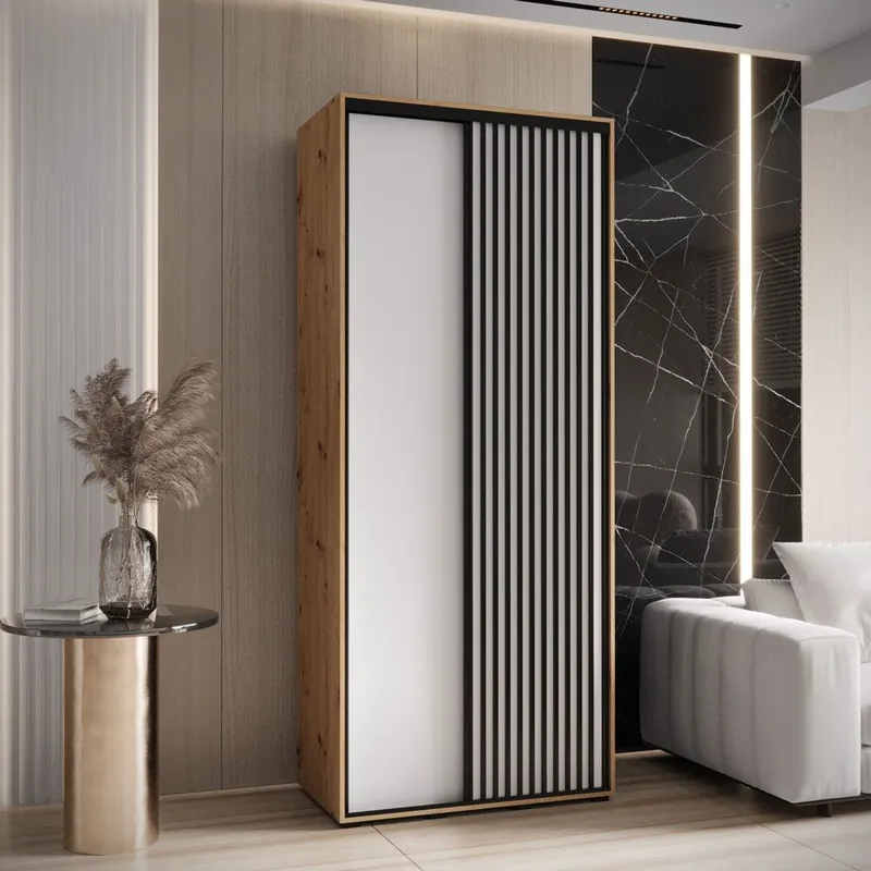 Direktkauf 1,2 Meter breiter Schiebetürenschrank Mina in Weiß/Eiche, Front aus laminierter Platte, Anti Staubbürsten, Lamellen in schwarzer Optik, platzsparend