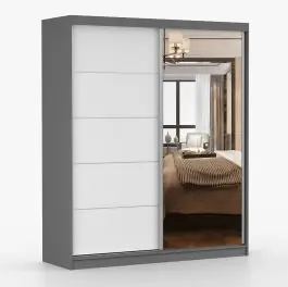 Kleiderschrank / Schiebetürenschrank mit Spiegel | Weiß / Schwarz | Cuillin 04 | 218 x 183 x 61 cm | 2 Türen | 6 Fächer | viel Platz | 2-farbig Versand Am Gleichen Tag