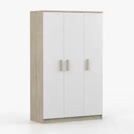 Saisonangebot Kleiderschrank / Drehtürenschrank | 192 x 120 x 50 cm | 9 Fächer | Kleiderstange | runde Holzgriffe |Weiß / Sonoma Eiche | Smolikas 106 | 3 Türen