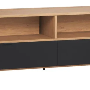 Billig TV-Unterschrank Leoncho 11, Farbe: Eiche / Schwarz - Abmessungen: 56 x 180 x 47 cm (H x B x T)