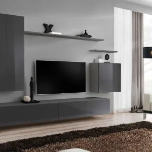 Wohnwand mit modernen Design Balestrand 19, Farbe: Grau - Abmessungen: 160 x 270 x 40 cm (H x B x T), mit fünf Türen Top-Preis