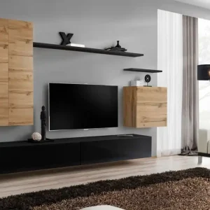 Außergewöhnliche Wohnwand Balestrand 29, Farbe: Eiche Wotan / Schwarz - Abmessungen: 160 x 270 x 40 cm (H x B x T), mit Push-to-open Funktion Top-Angebot