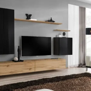 Preisreduziert Schlichte Wohnwand Balestrand 30, Farbe: Schwarz / Eiche Wotan - Abmessungen: 160 x 270 x 40 cm (H x B x T), mit fünf Türen