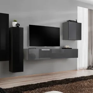 Billig Wohnwand mit fünf Türen Balestrand 42, Farbe: Schwarz / Grau - Abmessungen: 160 x 330 x 40 cm (H x B x T), mit genügend Stauraum