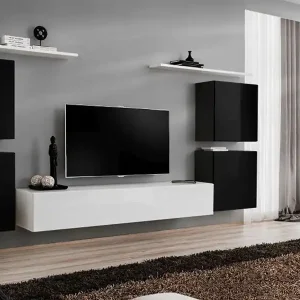 Wohnwand mit genügend Stauraum Balestrand 54, Farbe: Schwarz / Weiß - Abmessungen: 150 x 320 x 40 cm (H x B x T), mit fünf Türen Günstig