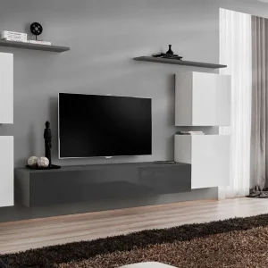 Moderne Wohnwand Balestrand 55, Farbe: Weiß / Grau - Abmessungen: 150 x 320 x 40 cm (H x B x T), mit fünf Türen Geprüft