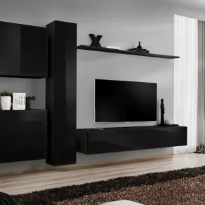 Kostenloser Versand Schlichte Wohnwand Balestrand 82, Farbe: Schwarz - Abmessungen: 180 x 330 x 40 cm (H x B x T), mit genügend Stauraum