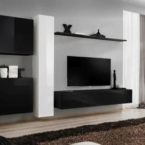 Wohnwand im modernen Design Balestrand 85, Farbe: Weiß / Schwarz - Abmessungen: 180 x 330 x 40 cm (H x B x T), mit vier Türen Online Kaufen