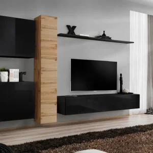 Wohnwand im eleganten Design Balestrand 93, Farbe: Eiche Wotan / Schwarz - Abmessungen: 180 x 330 x 40 cm (H x B x T), mit 12 Fächern Top-Preis