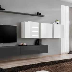 Begrenztes Angebot Wohnwand im außergewöhnlichen Design Balestrand 104, Farbe: Grau / Weiß - Abmessungen: 150 x 340 x 40 cm (H x B x T), mit Push-to-open Funktion