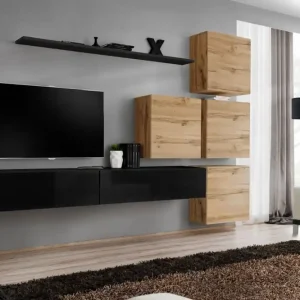 Jetzt Bestellen Wohnwand im eleganten Design Balestrand 142, Farbe: Schwarz / Eiche Wotan - Abmessungen: 200 x 310 x 40 cm (H x B x T), mit 12 Fächern