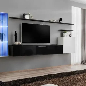 Moderne Wohnwand Balestrand 165, Farbe: Weiß / Schwarz - Abmessungen: 160 x 330 x 40 cm (H x B x T), mit LED-Beleuchtung Kostenfreie Lieferung