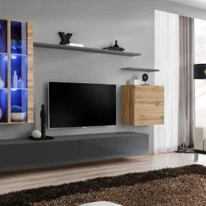 Wochenendangebot Außergewöhnliche Wohnwand Balestrand 191, Farbe: Eiche Wotan / Grau - Abmessungen: 160 x 270 x 40 cm (H x B x T), mit LED-Beleuchtung