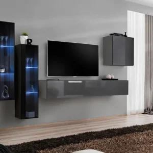 Preisknaller Wohnwand im außergewöhnlichen Stil Balestrand 202, Farbe: Schwarz / Grau - Abmessungen: 160 x 330 x 40 cm (H x B x T), mit LED-Beleuchtung