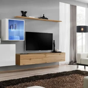 Wohnwand mit einer Hängevitrine Balestrand 236, Farbe: Weiß / Eiche Wotan - Abmessungen: 150 x 250 x 40 cm (H x B x T), mit sieben Fächern Preis Gesenkt