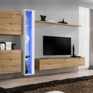 Wochenendangebot Wohnwand im edlen Design Balestrand 252, Farbe: Weiß / Eiche Wotan - Abmessungen: 180 x 330 x 40 cm (H x B x T), mit fünf Türen