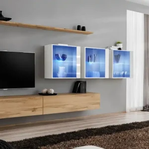 Edle Wohnwand Balestrand 267, Farbe: Eiche Wotan / Weiß - Abmessungen: 150 x 340 x 40 cm (H x B x T), mit Push-to-open Funktion Preiswert