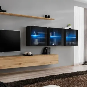 Kostenfreie Lieferung Außergewöhnliche Wohnwand Balestrand 269, Farbe: Eiche Wotan / Schwarz - Abmessungen: 150 x 340 x 40 cm (H x B x T), mit Push-to-open Funktion