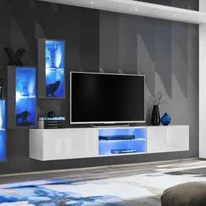 Außergewöhnliche Wohnwand mit blauer LED-Beleuchtung Volleberg 24, Farbe: Grau / Weiß - Abmessungen: 120 x 210 x 40 cm (H x B x T), mit fünf Türen Sofort Bestellen