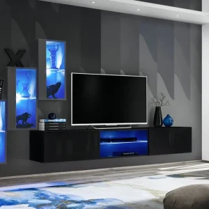 Stylische Wohnwand mit fünf Türen Volleberg 25, Farbe: Grau / Schwarz - Abmessungen: 120 x 210 x 40 cm (H x B x T), mit Push-to-open Funktion Bestpreis