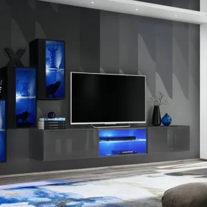 Markenware Wohnwand mit drei Hängevitrinen Volleberg 26, Farbe: Schwarz / Grau - Abmessungen: 120 x 210 x 40 cm (H x B x T), mit fünf Türen