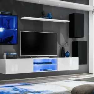 Mega-Angebot Moderne Schrankwand Volleberg 38, Farbe: Schwarz / Weiß - Abmessungen: 140 x 250 x 40 cm (H x B x T), mit fünf Türen