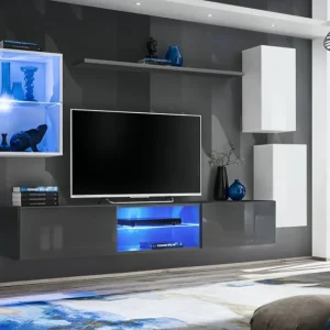 Wohnzimmerwand modern Volleberg 39, Farbe: Weiß / Grau - Abmessungen: 140 x 250 x 40 cm (H x B x T), mit blauer LED-Beleuchtung Nur Für Kurze Zeit