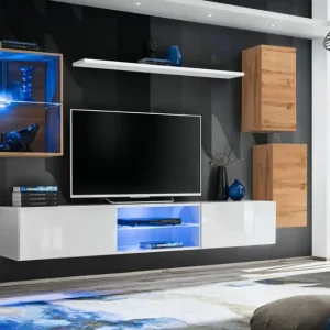 Top-Angebot Wohnwand im modernen Design Volleberg 43, Farbe: Eiche Wotan / Weiß - Abmessungen: 140 x 250 x 40 cm (H x B x T), mit genügend Stauraum