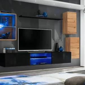 Direkt Vom Hersteller Stylische Wohnwand Volleberg 45, Farbe: Eiche Wotan / Schwarz - Abmessungen: 140 x 250 x 40 cm (H x B x T), mit LED-Beleuchtung