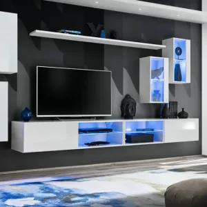 Neu Schlichte Wohnzimmerwand Volleberg 65, Farbe: Weiß - Abmessungen: 150 x 280 x 40 cm (H x B x T), mit genügend Stauraum