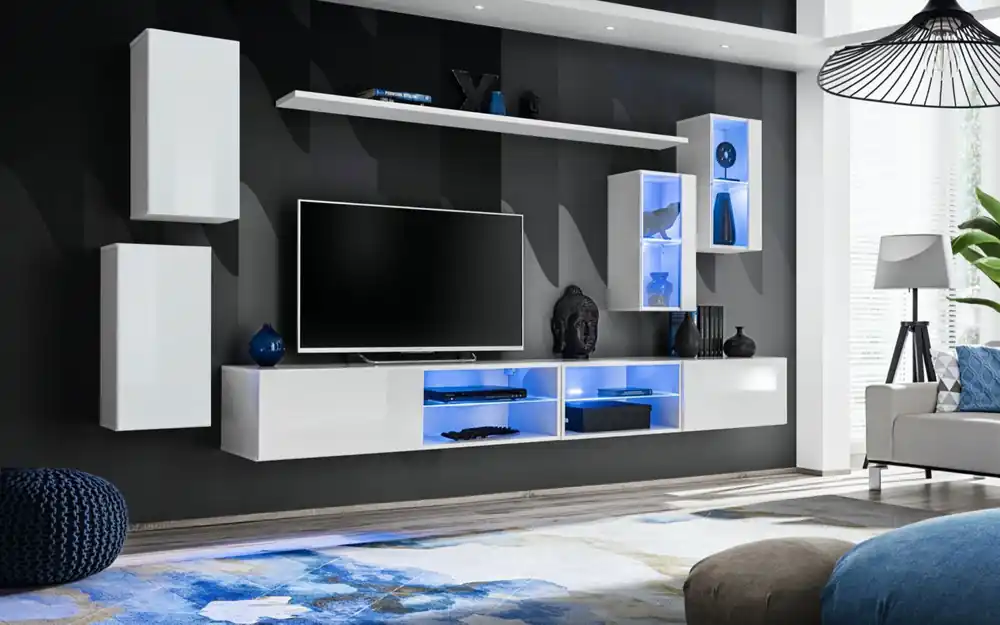 Neu Schlichte Wohnzimmerwand Volleberg 65, Farbe: Weiß - Abmessungen: 150 x 280 x 40 cm (H x B x T), mit genügend Stauraum