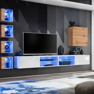 Kostenloser Rückversand Elegante Wohnwand Volleberg 92, Farbe: Weiß / Eiche Wotan - Abmessungen: 150 x 280 x 40 cm (H x B x T), mit acht Türen