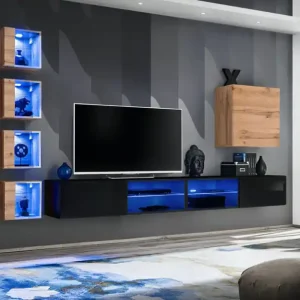 Heißes Angebot Wohnzimmerwand im modernen Design Volleberg 94, Farbe: Schwarz / Eiche Wotan - Abmessungen: 150 x 280 x 40 cm (H x B x T), mit LED-Beleuchtung