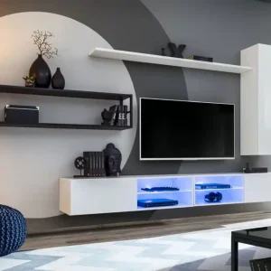 Neue Ware Schlichte Wohnzimmerwand Valand 13, Farbe: Weiß / Schwarz - Abmessungen: 170 x 300 x 40 cm (H x B x T), mit zwei TV-Unterschränke