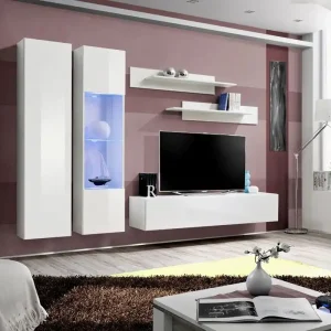 Neu Im Sortiment Moderne Wohnzimmer Wand Hompland 18, Farbe: Weiß - Abmessungen: 170 x 260 x 40 cm (H x B x T), mit blauer LED-Beleuchtung