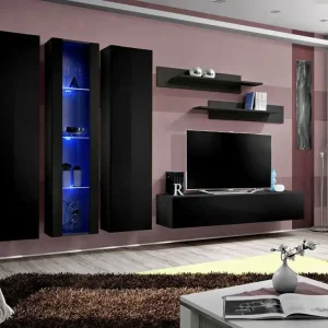 Online Kaufen Moderne Wohnwand Hompland 36, Farbe: Schwarz - Abmessungen: 170 x 260 x 40 cm (H x B x T), mit zwei Hängeschränke