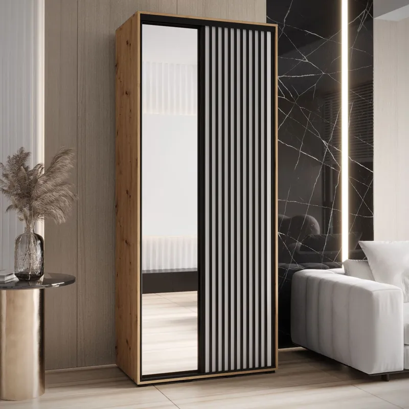 Meistverkauft Schiebetürenschrank Mina in Weiß/Eiche mit Spiegeltüre, Einlegeböden, auch für Wohnzimmer geeignet, 235,2 x 110 x 60 cm, platzsparend, viel Stauraum