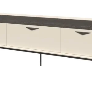 Moderner TV-Unterschrank in Creme | 3 Schubladen | Soft Close System | 66 x 201 x 50 cm | Metallbeine | längliche Metallgriffe Sonderangebot