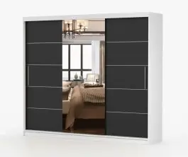 Sonderangebot 2,5 Meter breiter Kleiderschrank / Schiebetürenschrank mit Spiegel Weiß / Schwarz | Cevennen 09 | 218 x 250 x 61 cm | 3 Türen | 12 Fächer | Zweifarbig