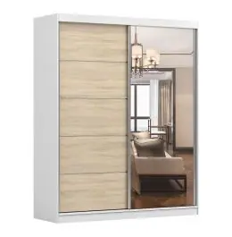 Schiebetürenschrank 1,8 Meter breit / Kleiderschrank | Cuillin 02 | Weiß / Eiche | mit Spiegel | 6 Fächer | 2 Türen | 218 x 183 x 61 cm | viel Platz Must-Have