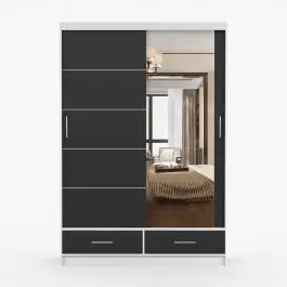 Kostenloser Versand Schiebetürenschrank / Kleiderschrank mit Spiegel Schwarz / Weiß | Lusatian 11 | 218 x 150 x 61 cm | 2 Türen | 2 Schubladen | 6 Fächer | viel Stauraum