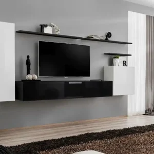 Wohnwand mit modernen Design Balestrand 05, Farbe: Weiß / Schwarz - Abmessungen: 160 x 330 x 40 cm (H x B x T), mit vier Türen Abverkauf