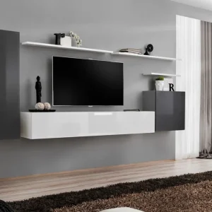 Kracherpreis Moderne Wohnwand Balestrand 08, Farbe: Grau / Weiß - Abmessungen: 160 x 330 x 40 cm (H x B x T), mit Push-to-open Funktion