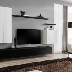 Wohnwand im schlichten Design Balestrand 21, Farbe: Weiß / Schwarz - Abmessungen: 160 x 270 x 40 cm (H x B x T), mit fünf Türen Bestpreis