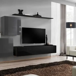 Wohnwand im außergewöhnlichen Design Balestrand 73, Farbe: Grau / Schwarz - Abmessungen: 150 x 250 x 40 cm (H x B x T), mit Push-to-open Funktion Solange Der Vorrat Reicht